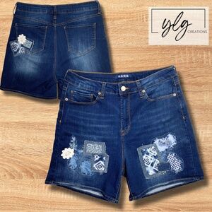 SONG Denim Jean Shorts Bermuda  Patchwork Boho  Flower Blue Distressed 13